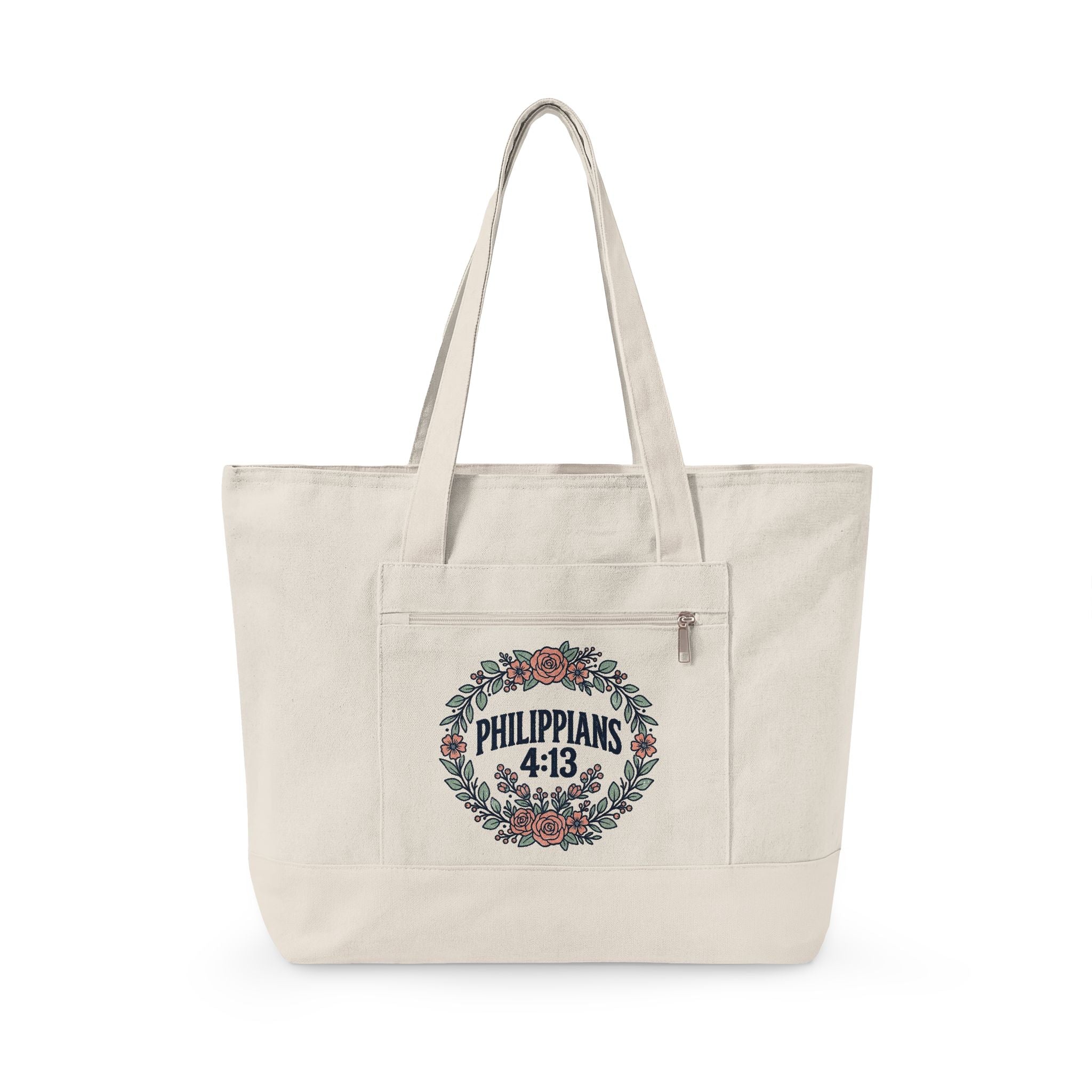 Canvas Tote Bag – Floral Wreath Philippians 4:13 / Her Story Inspirational Zippered Tote