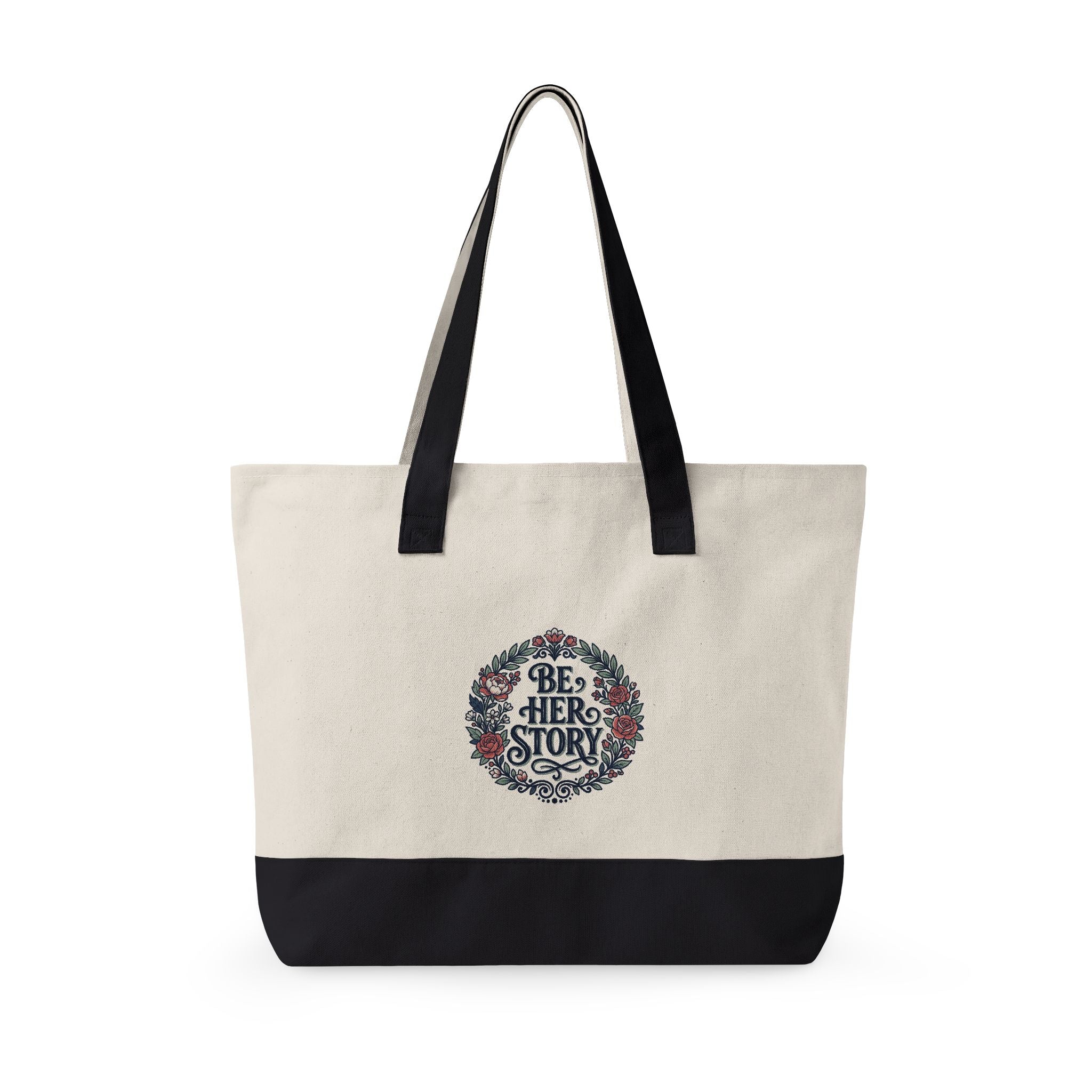Canvas Tote Bag – Floral Wreath Philippians 4:13 / Her Story Inspirational Zippered Tote