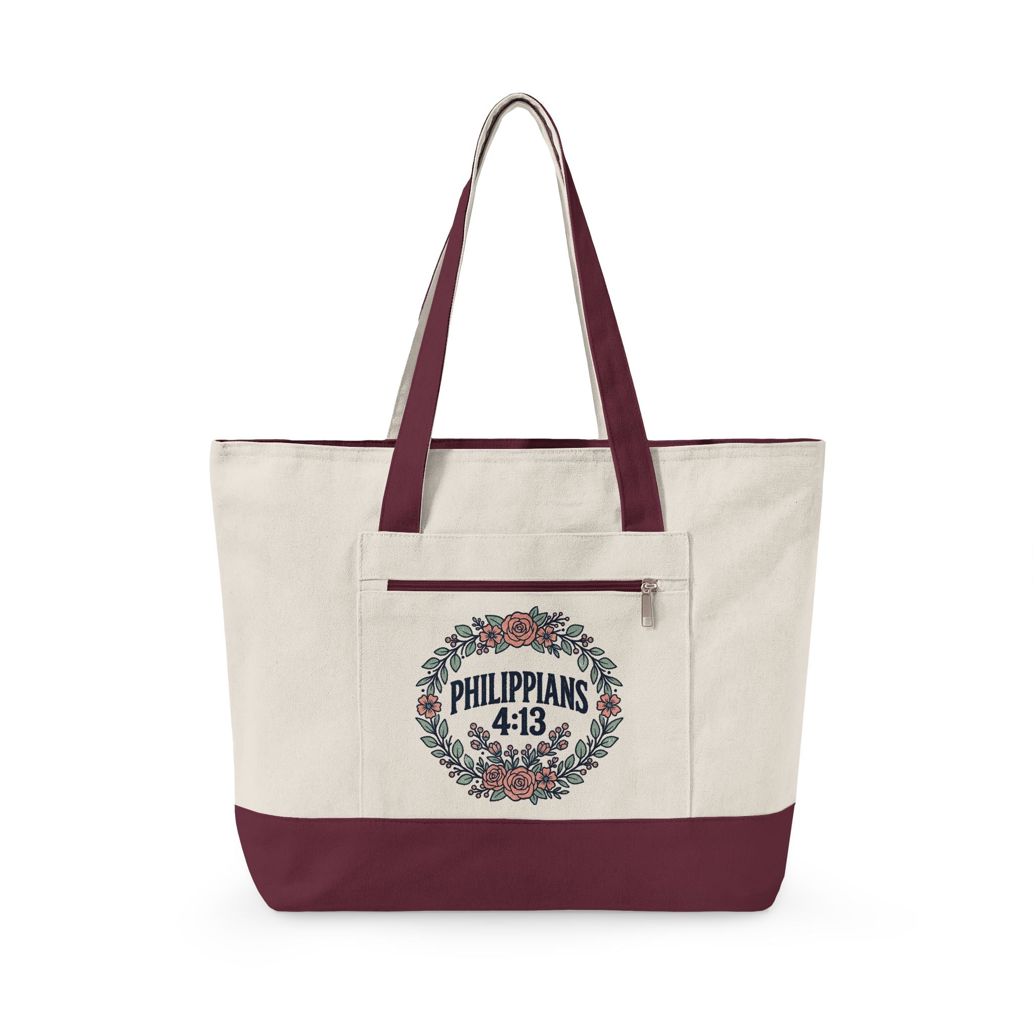 Canvas Tote Bag – Floral Wreath Philippians 4:13 / Her Story Inspirational Zippered Tote