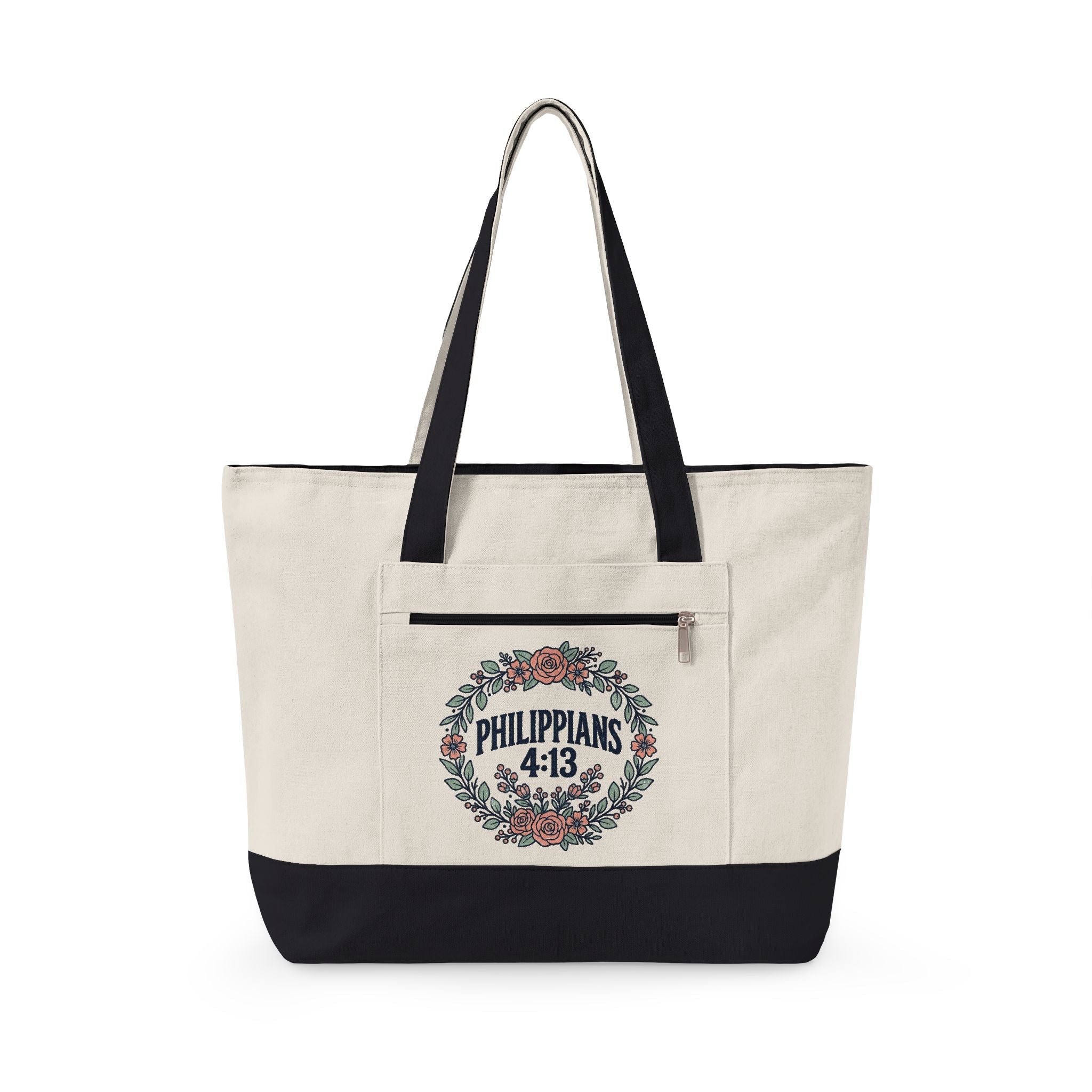 Canvas Tote Bag – Floral Wreath Philippians 4:13 / Her Story Inspirational Zippered Tote