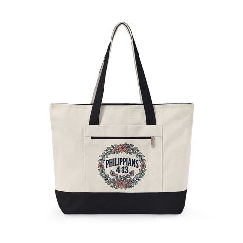 Canvas Tote Bag – Floral Wreath Philippians 4:13 / Her Story Inspirational Zippered Tote