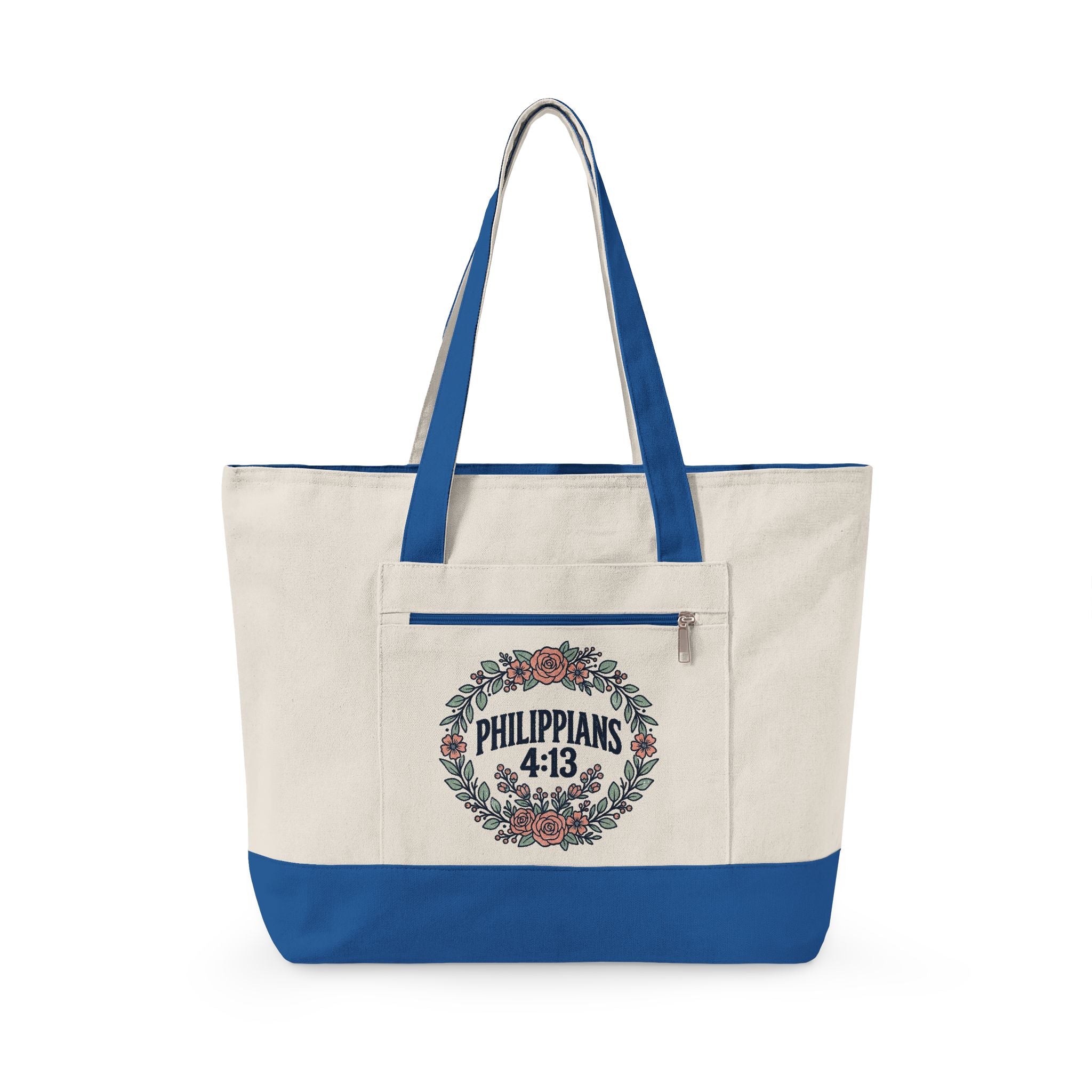 Canvas Tote Bag – Floral Wreath Philippians 4:13 / Her Story Inspirational Zippered Tote