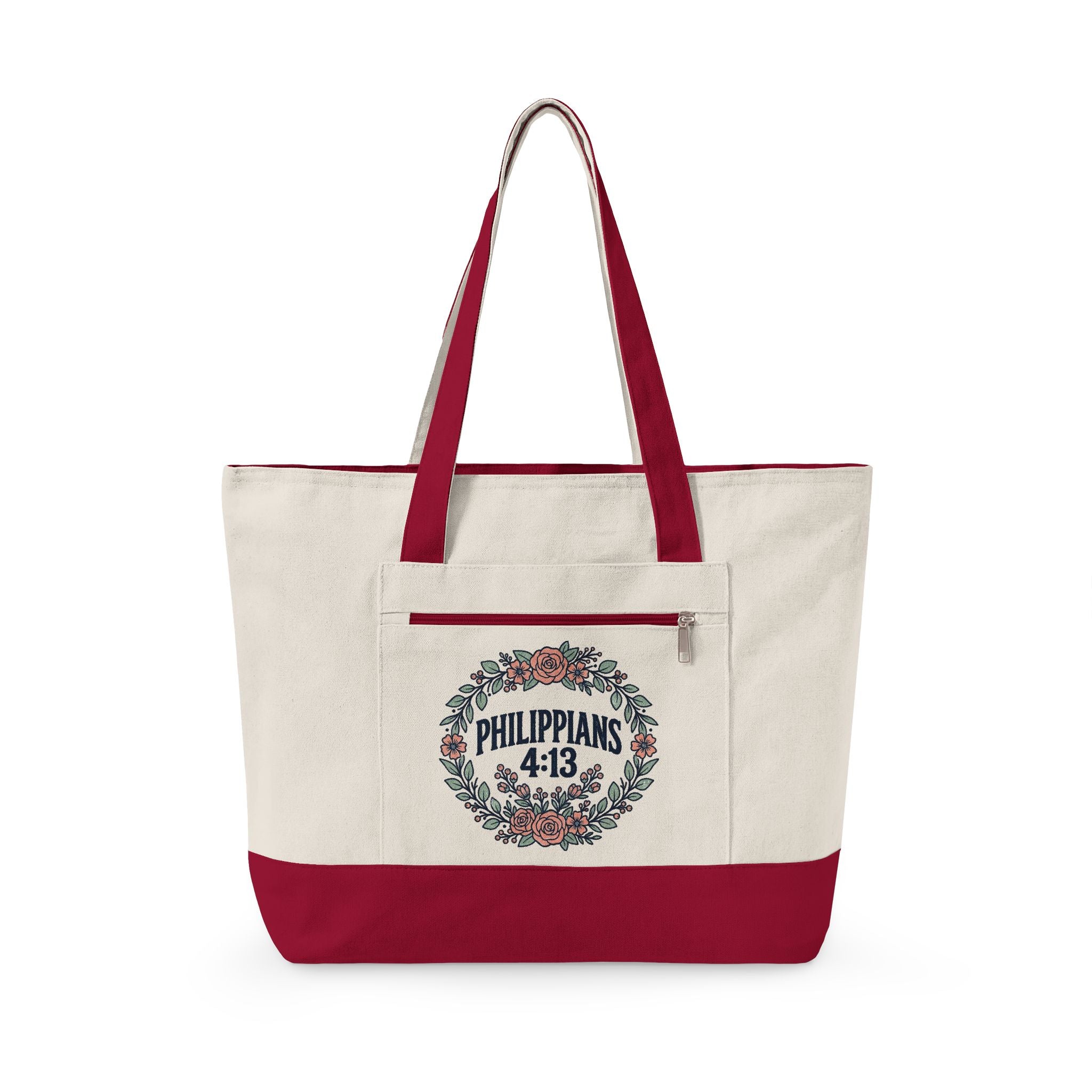 Canvas Tote Bag – Floral Wreath Philippians 4:13 / Her Story Inspirational Zippered Tote
