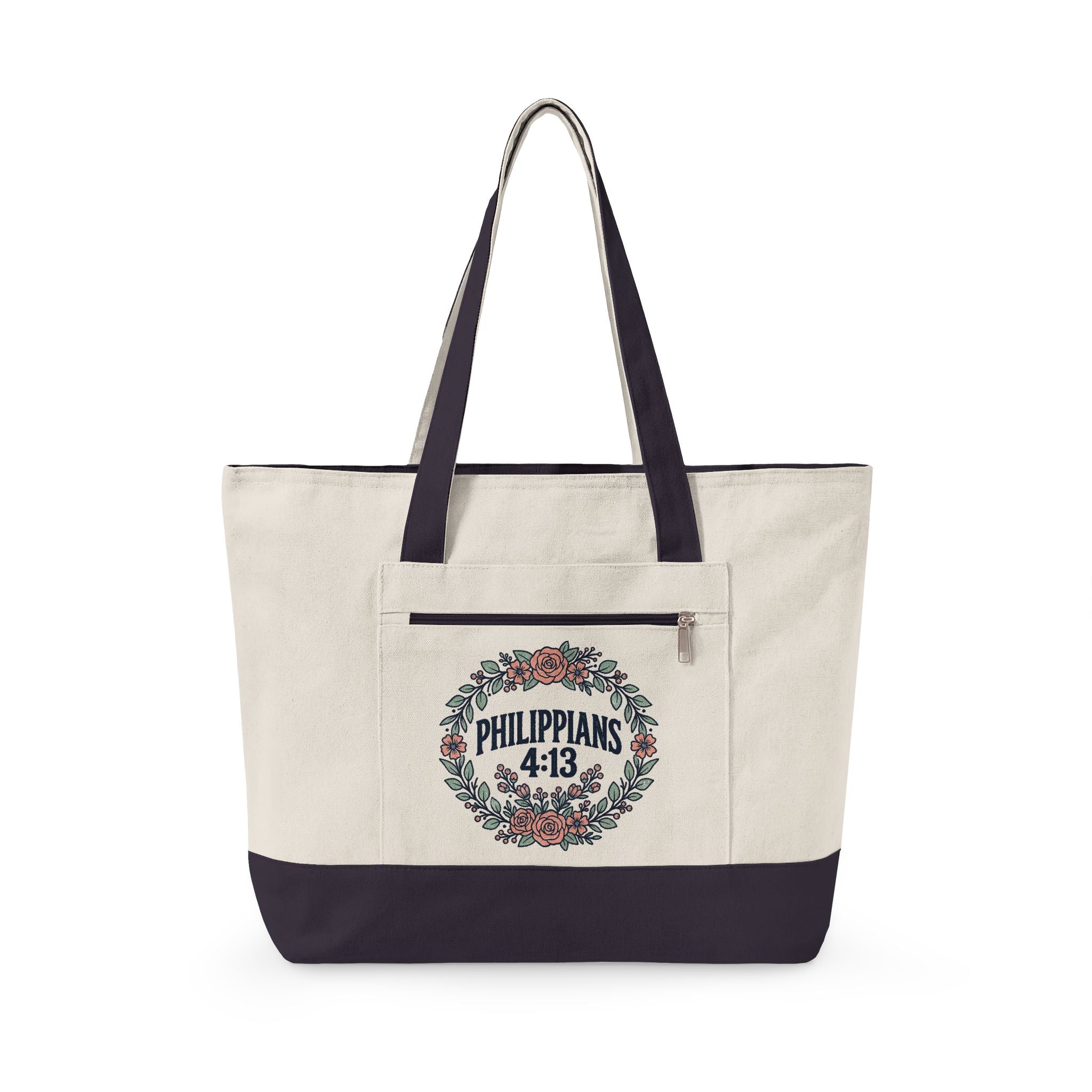 Canvas Tote Bag – Floral Wreath Philippians 4:13 / Her Story Inspirational Zippered Tote