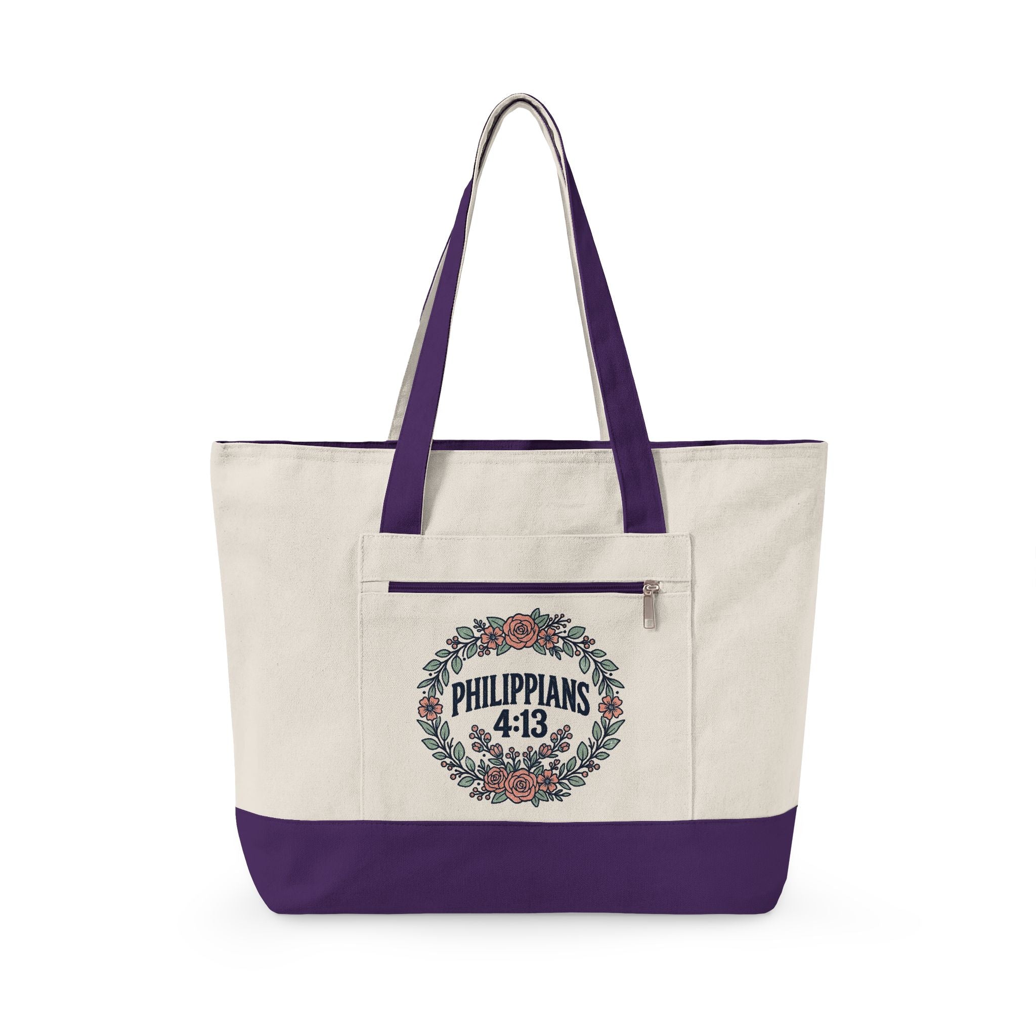 Canvas Tote Bag – Floral Wreath Philippians 4:13 / Her Story Inspirational Zippered Tote