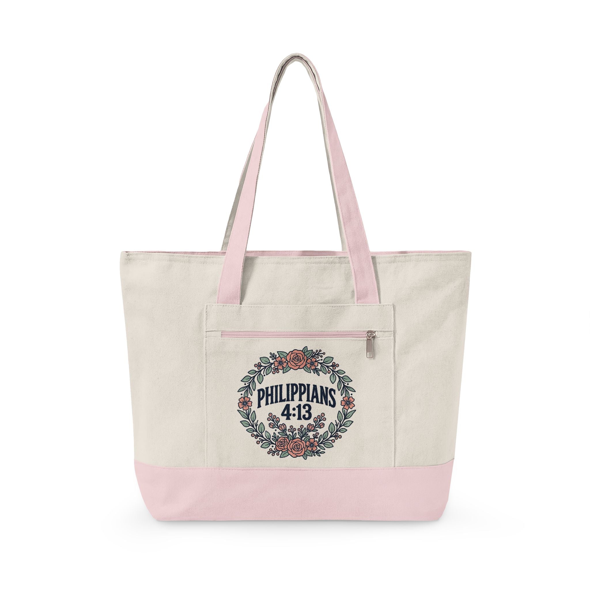 Canvas Tote Bag – Floral Wreath Philippians 4:13 / Her Story Inspirational Zippered Tote